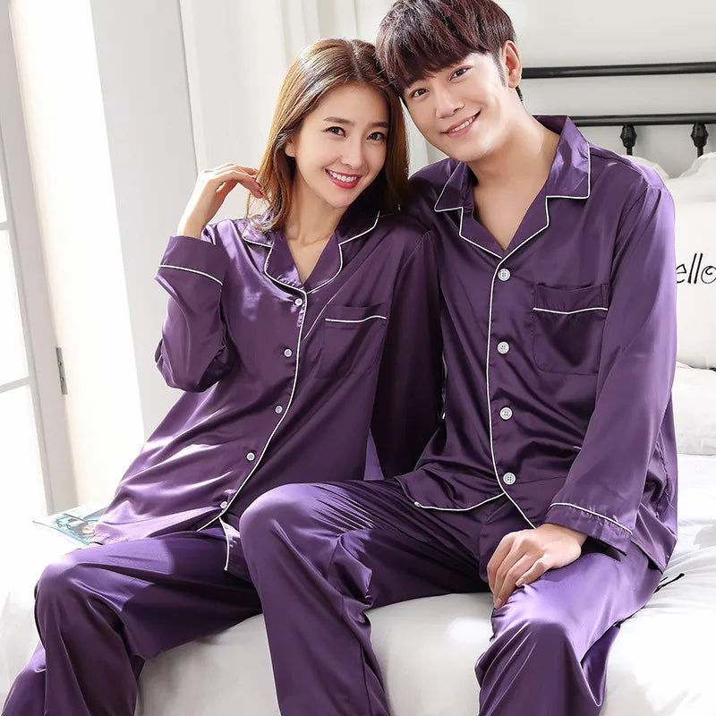 Solid Color Sleepwear Silk SatinPajamas Couple Set Long Button-DownPyjamas Suit Pijama Women MenLoungewear Plus Size Pj Set.