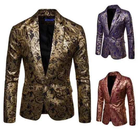 Men's Golden Floral Blazers BusinessCasual Suit Wedding Dress Gold Blazer CoatsJackets