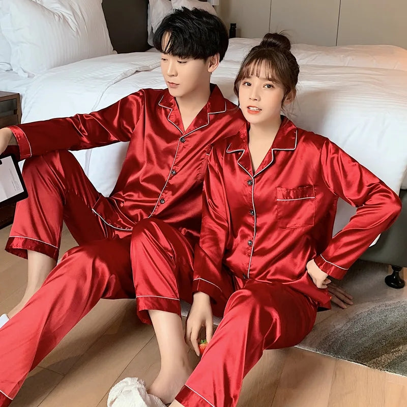 Solid Color Sleepwear Silk SatinPajamas Couple Set Long Button-DownPyjamas Suit Pijama Women MenLoungewear Plus Size Pj Set.