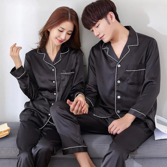 Solid Color Sleepwear Silk SatinPajamas Couple Set Long Button-DownPyjamas Suit Pijama Women MenLoungewear Plus Size Pj Set.